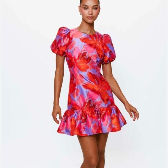 Hutch Dresses & Skirts - Hutch Floral Multicolor Puff Sleeve Ruffle Hem Shift Mini Dress NWT Size Small